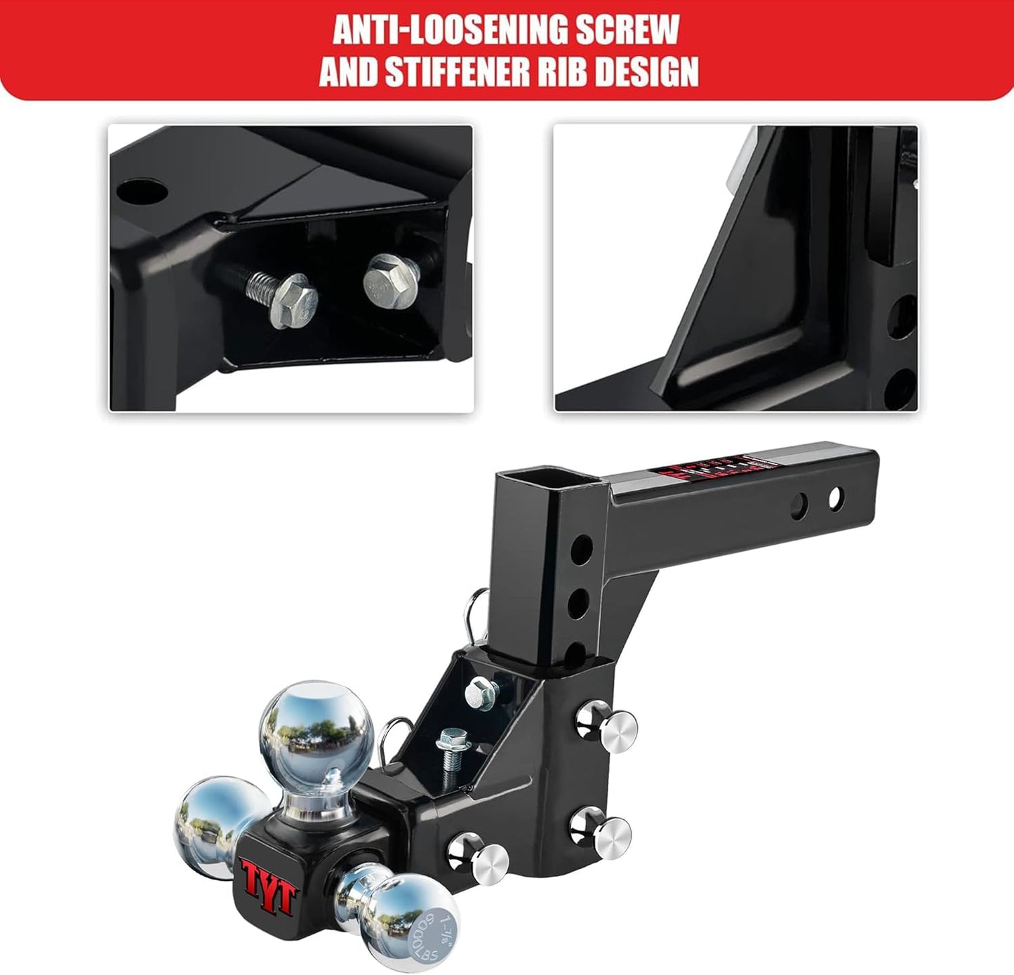 TYT Adjustable Trailer Hitch Ball Mount, Tri-Ball (1-7/8'' X 2'' X 2-5/16''), Fits 2'' Receiver