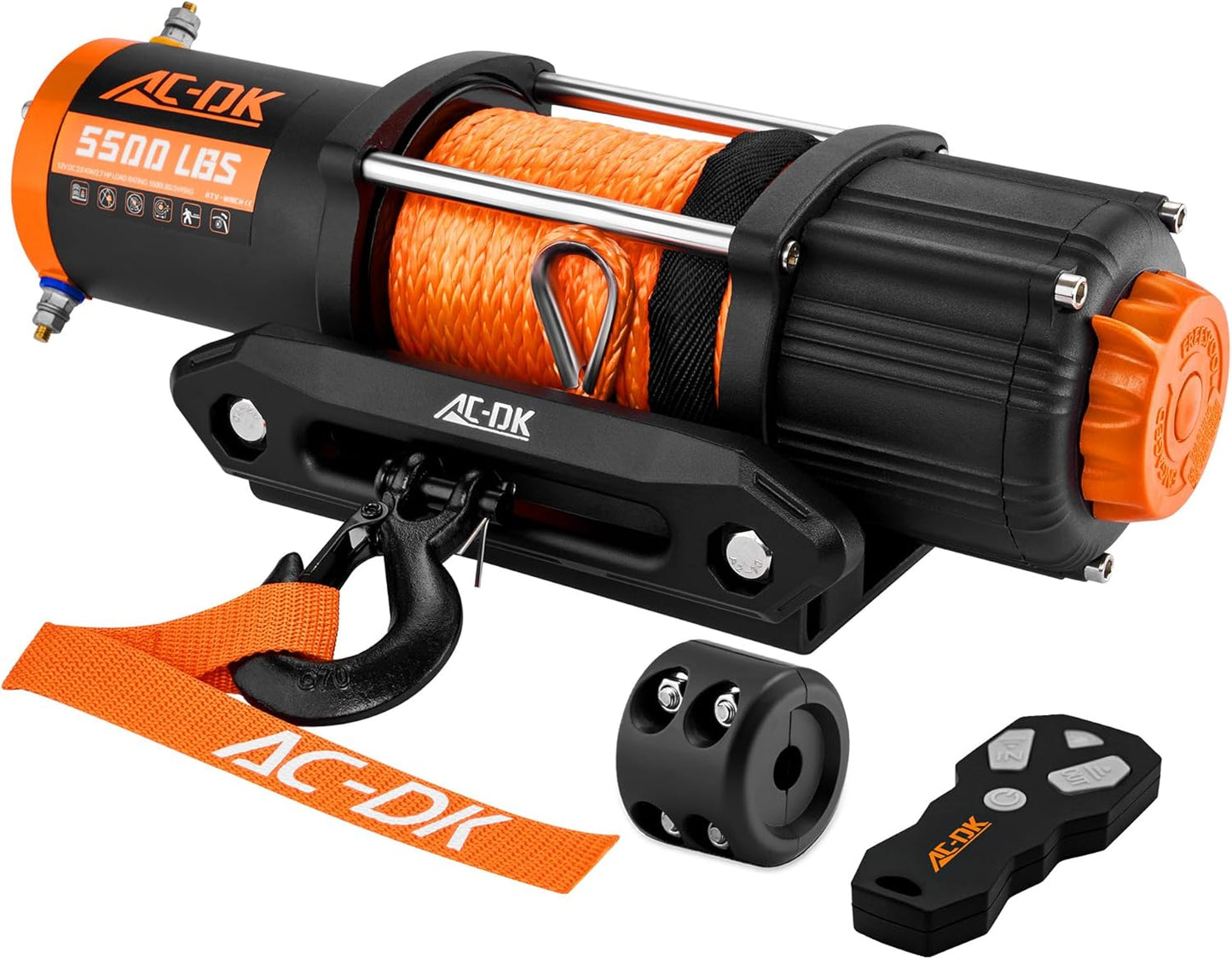 AC-DK 12V 2000lb|2500lb|3500lb|4500lb|5500lb. ATV/UTV Electric Winch, Off-Road Synthetic Rope Winch for Trailer Boat RV Towing Winches, ATV/UTV Winch with Big Yellow Wired Remote and Winch Mounting Plate