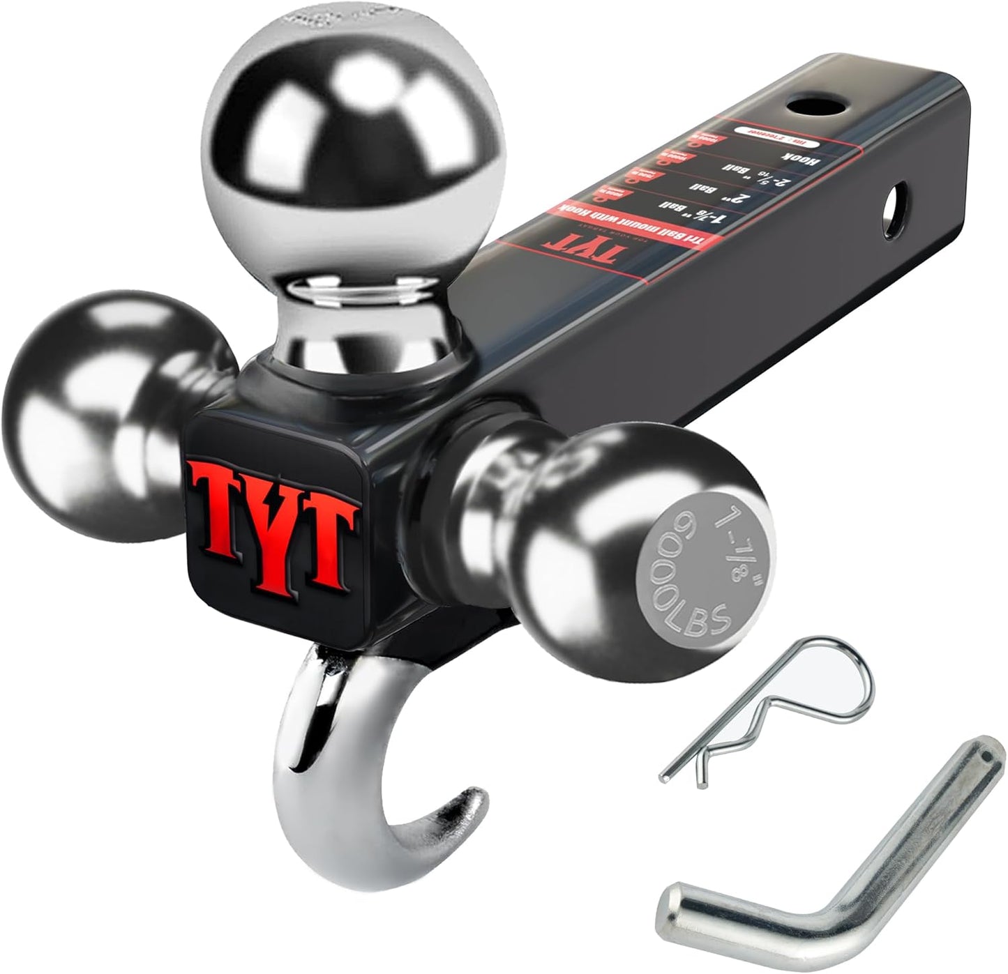 TYT Tri Ball Hitch Trailer Mount With Locks, Tow Hook & Clevis Shackle, Fits 2 Inch Receiver With 2-5/16", 2", 1-7/8" Ball, Black