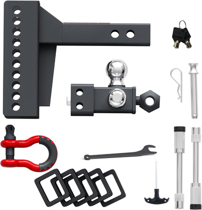 TYT Adjustable Heavy-Duty Trailer Hitch Tri-Ball Mount with Locks&Pin&Rotatable Tow Shackle, Fits 2-in Receiver, 4-1/2" Rise/Drop, 1-7/8" & 2" &2-5/16" Ball, 10000LBS GTW