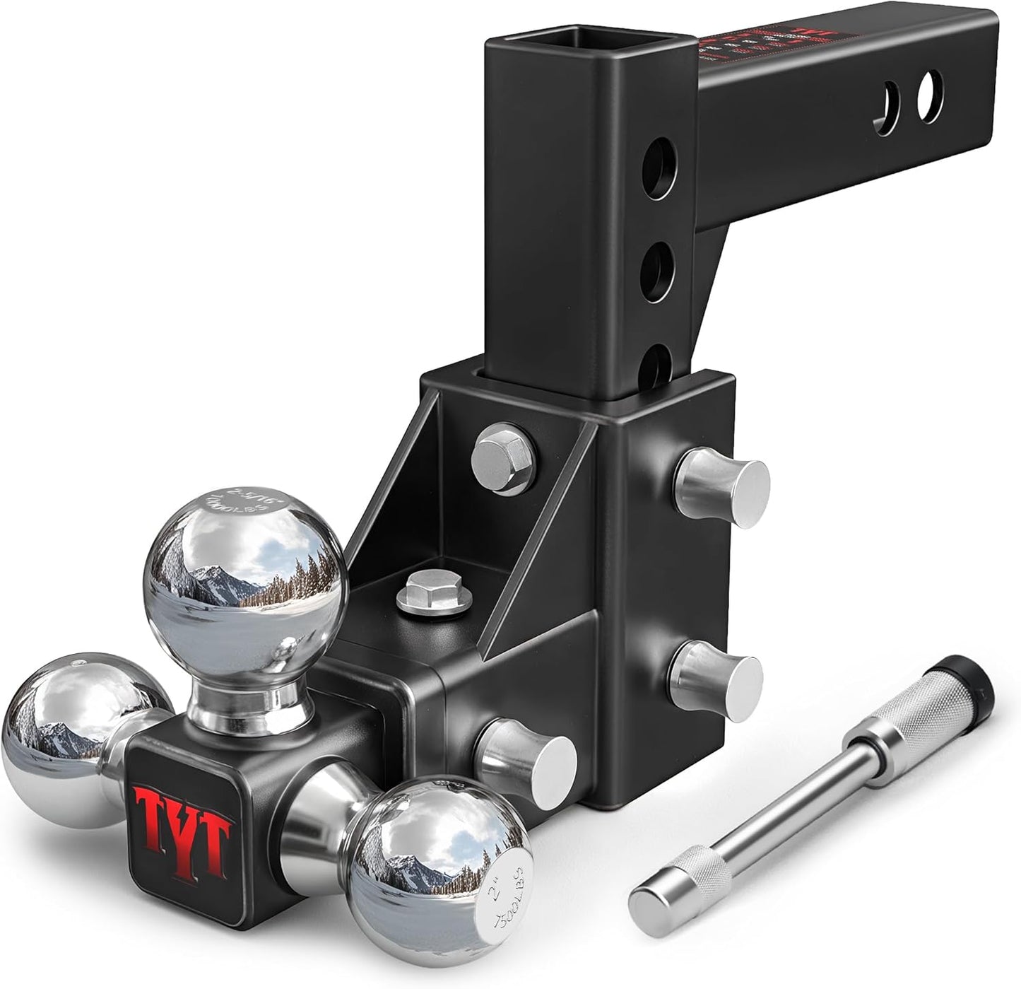 TYT Adjustable Truck Trailer Hitch for 2 inch Receiver, 6" Drop/Rise Tow Hitch with Dual Balls (2" & 2-5/16"), 22,000 lbs GTW, 2,200 lbs TW, Includes Two Pin Locks & Hitch Tightener