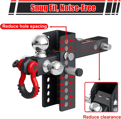 TYT Adjustable Heavy-Duty Trailer Hitch Tri-Ball Mount with Locks&Pin&Rotatable Tow Shackle, Fits 2-in Receiver, 4-1/2" Rise/Drop, 1-7/8" & 2" &2-5/16" Ball, 10000LBS GTW