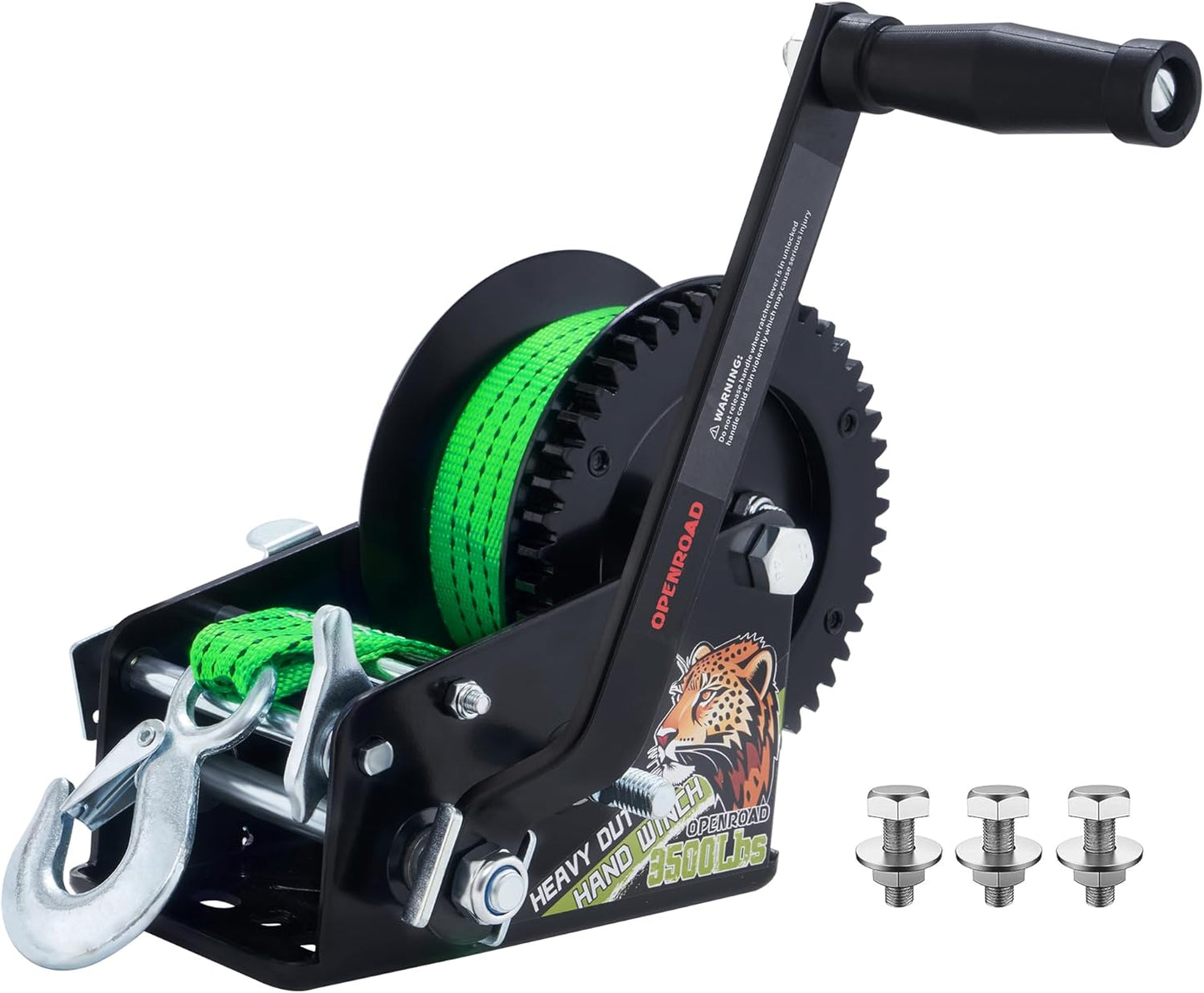 OPENROAD Boat Trailer Winch - Heavy Duty Hand Winch with 32 FT Orange Strap, 2-Way Ratchet With 4:1/8:1 Gear - Ideal for Boat, Truck, Trailer, RV, ATV and Jet Ski - Includes Installation Screws