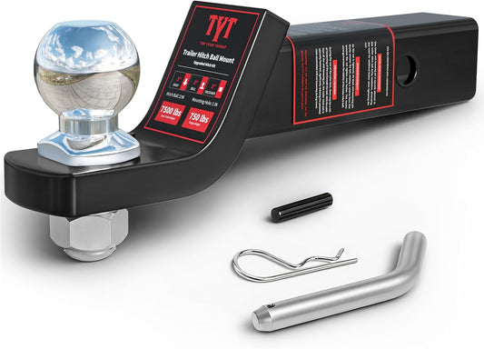 TYT Trailer Hitch Ball Mount with 2 Inch Ball & Pin, Fits 2 Inch Receiver, 7500lbs, 2 Inch Drop, Upgraded Hitch Kit Black with Anti-Rattle Pin