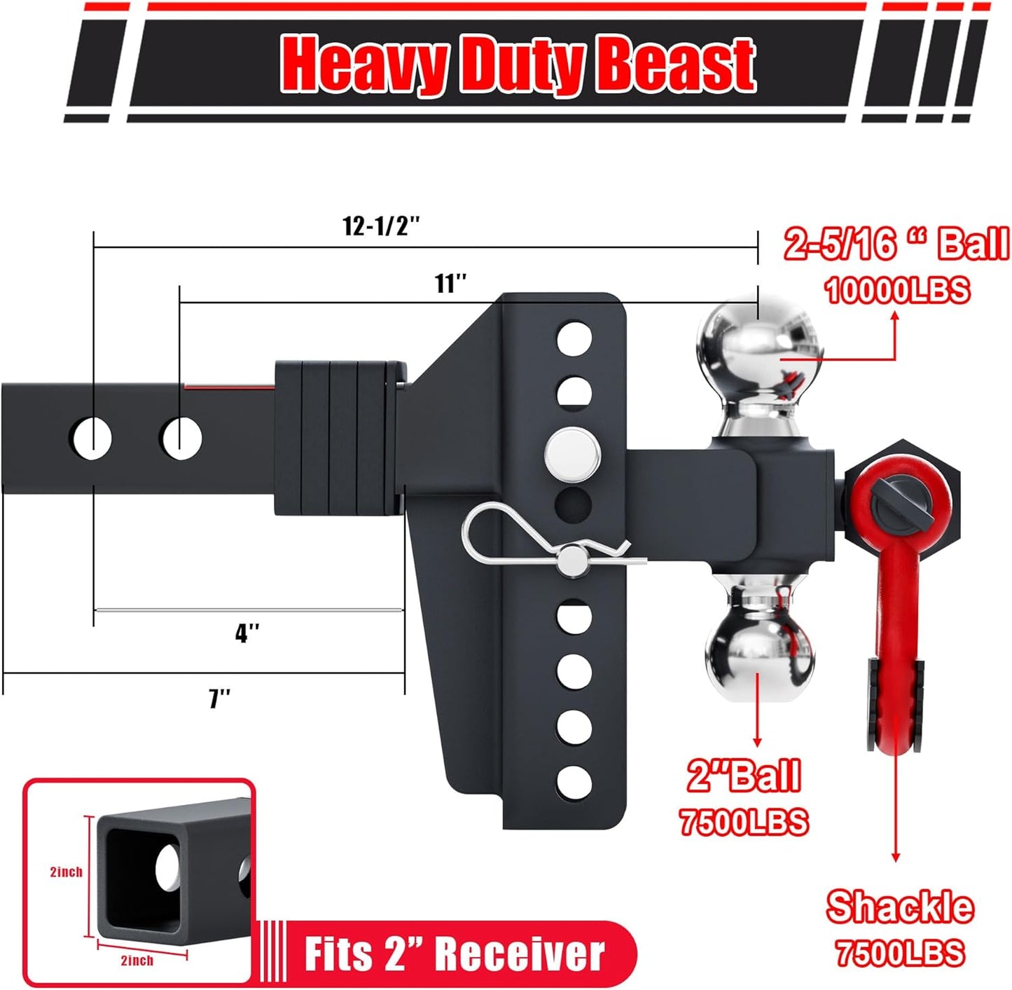 TYT Adjustable Trailer Hitch Ball Mount with Lock&Pin&Rotatable Tow Shackle, Fits 2-in Receiver, 2-in, 2-5/16-in Hitch Ball