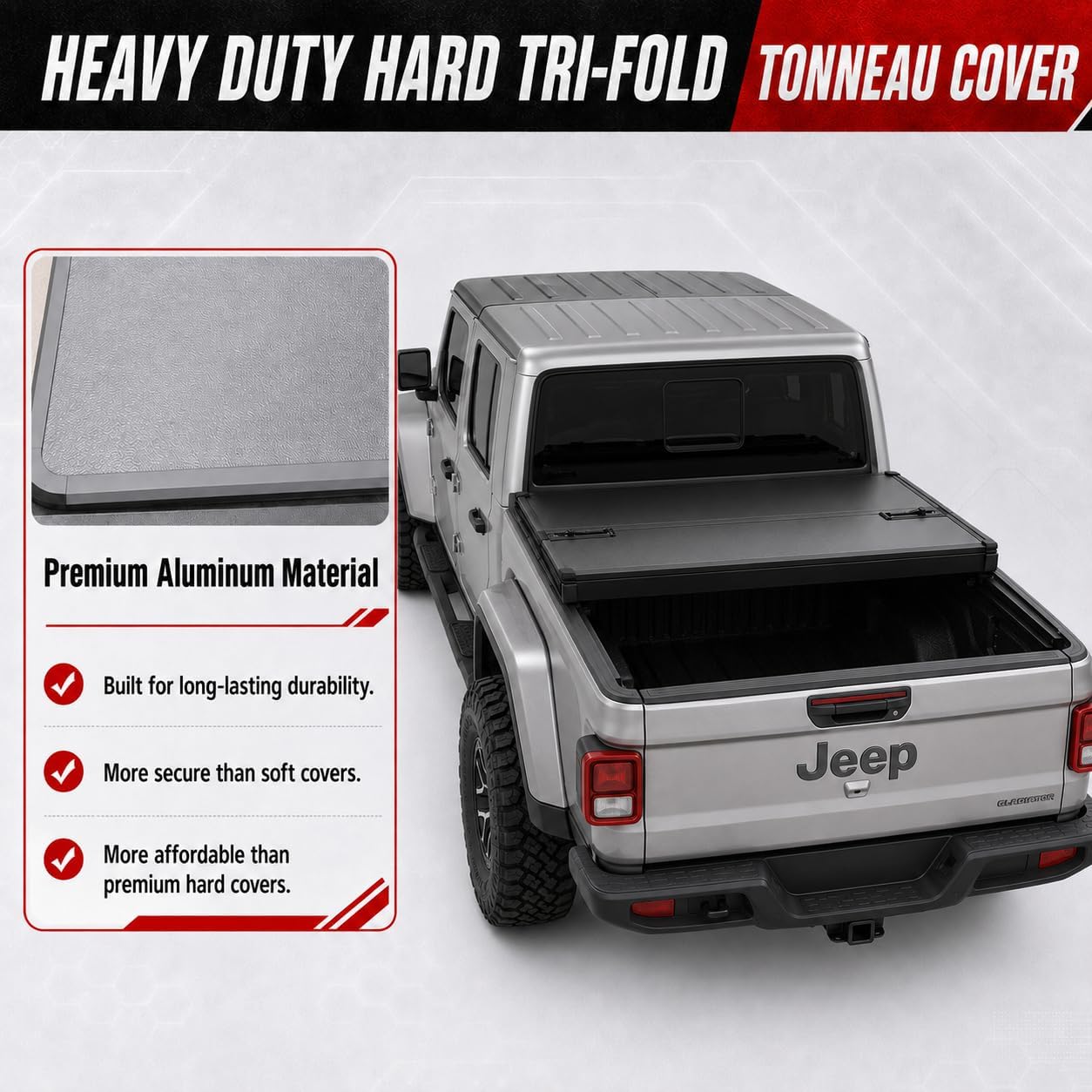 OPENROAD Aluminum Hard Tri Fold Truck Bed Tonneau Cover Compatible with Jeep Gladiator JT (2019-2026)-5ft(60") Bed, Heavy Duty Folding Bed Cover, Easy No Drill Installation, Waterproof
