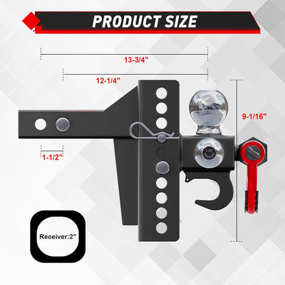 TYT Adjustable Tri-Ball Trailer Hitch for 2 inch Receiver, 4.5" Drop/Rise, Triple Balls (1-7/8", 2", 2-5/16") with Tow Hook & Shackle, 10,000 lbs GTW, 1,000 lbs TW, Pin Lock & Hitch Tightener