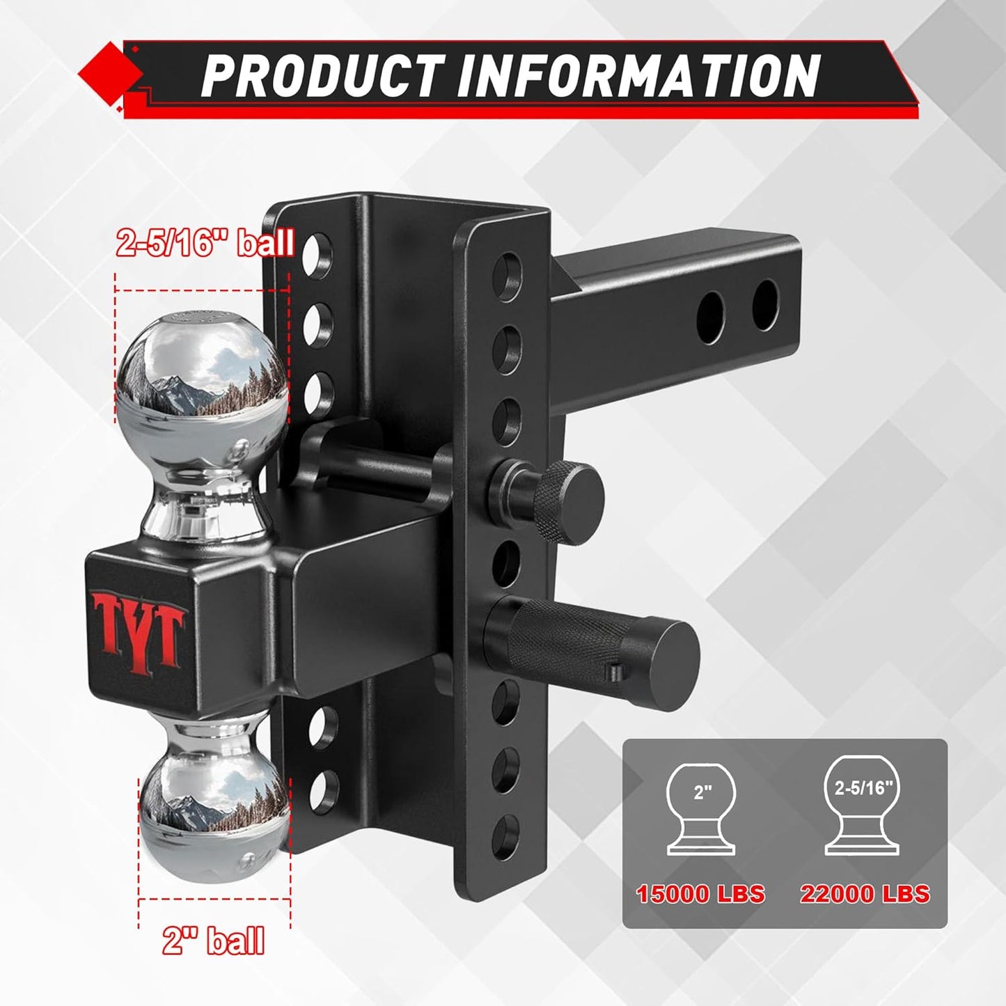 TYT Adjustable Truck Trailer Hitch for 2 inch Receiver, 6" Drop/Rise Tow Hitch with Dual Balls (2" & 2-5/16"), 22,000 lbs GTW, 2,200 lbs TW, Includes Two Pin Locks & Hitch Tightener
