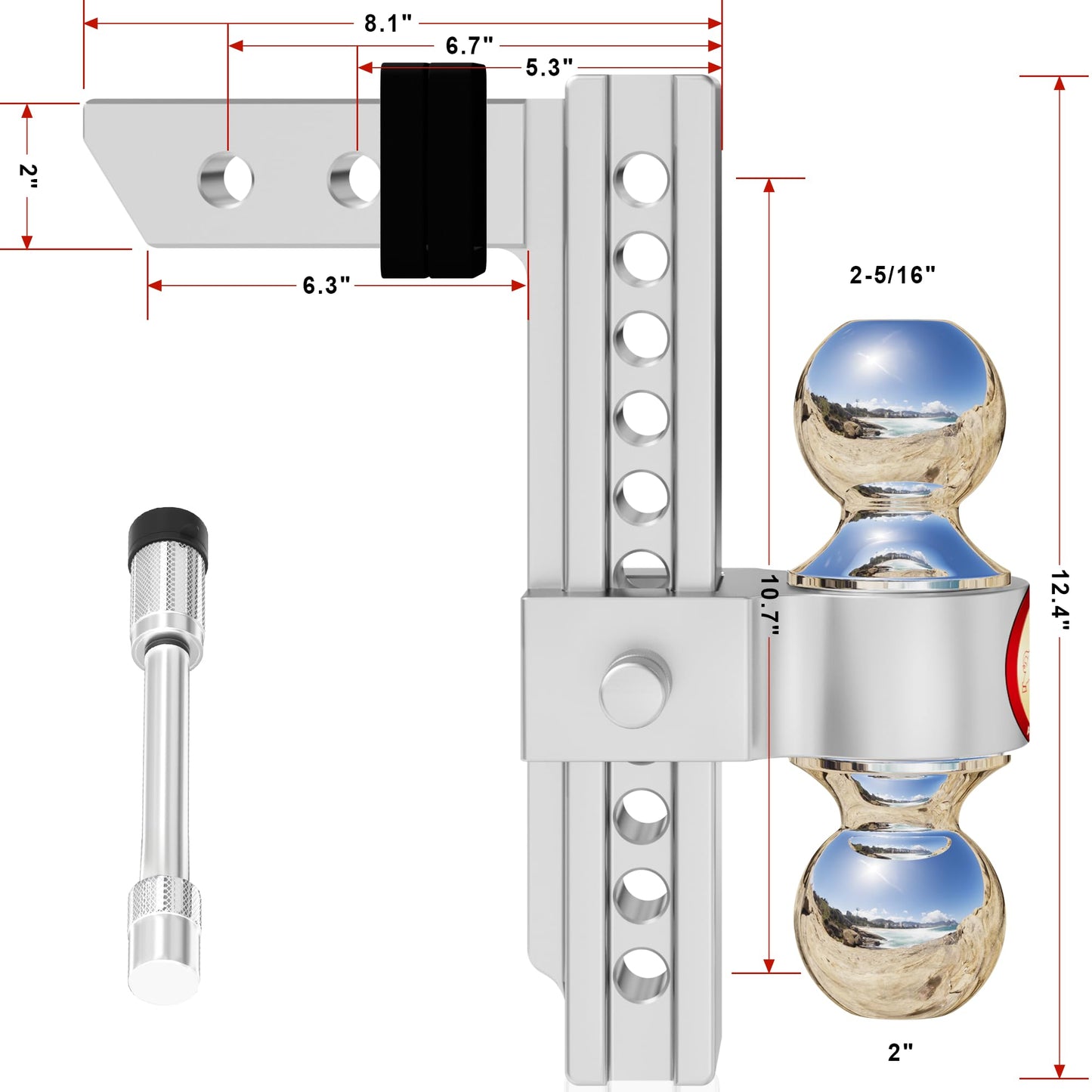 Adjustable Trailer Hitch, Fits 2-Inch Receiver,  Heavy Duty Aluminum Drop Hitch,12,500 LBS GTW-Tow Hitch for Truck Jeep Trailer with Double Stainless Steel Locks, Not Loose