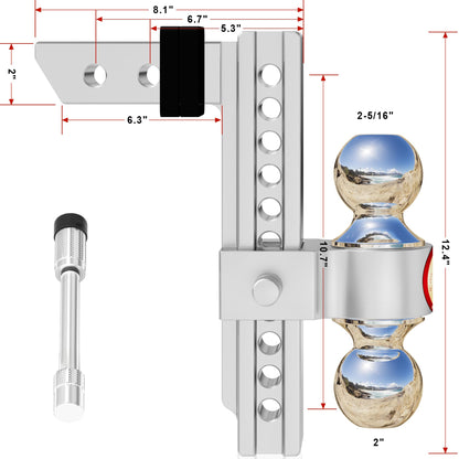 Adjustable Trailer Hitch, Fits 2-Inch Receiver,  Heavy Duty Aluminum Drop Hitch,12,500 LBS GTW-Tow Hitch for Truck Jeep Trailer with Double Stainless Steel Locks, Not Loose
