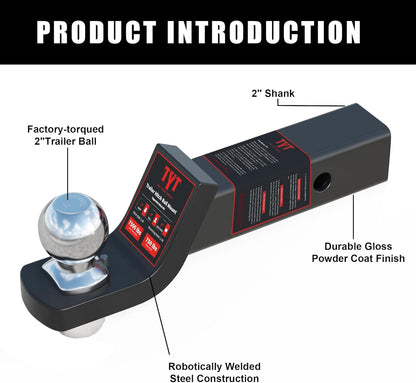 TYT Trailer Hitch Ball Mount with 2 Inch Ball & Pin, Fits 2 Inch Receiver, 7500lbs, 2 Inch Drop, Upgraded Hitch Kit Black with Anti-Rattle Pin