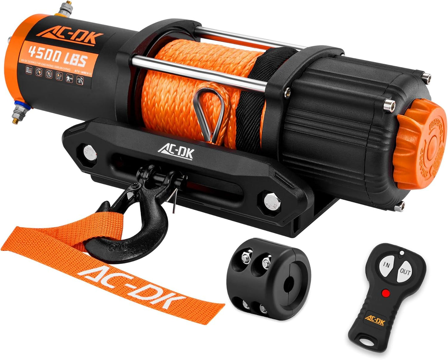 AC-DK 12V 2000lb|2500lb|3500lb|4500lb|5500lb. ATV/UTV Electric Winch, Off-Road Synthetic Rope Winch for Trailer Boat RV Towing Winches, ATV/UTV Winch with Big Yellow Wired Remote and Winch Mounting Plate