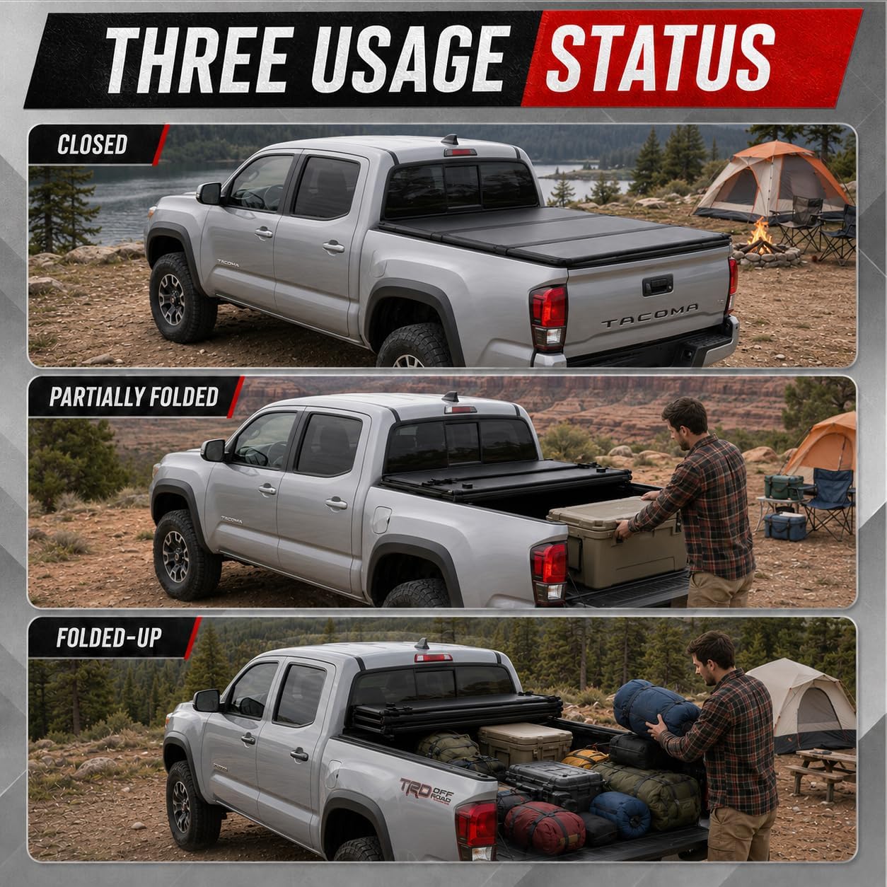 OPENROAD Hard Tri Fold Truck Bed Tonneau Cover for Toyota Tacoma (2016-2023)-5ft(60") Bed, Heavy Duty Aluminum Folding Pickup Truck Bed Cover, No Drill Installation, Weather Resistant, Waterproof