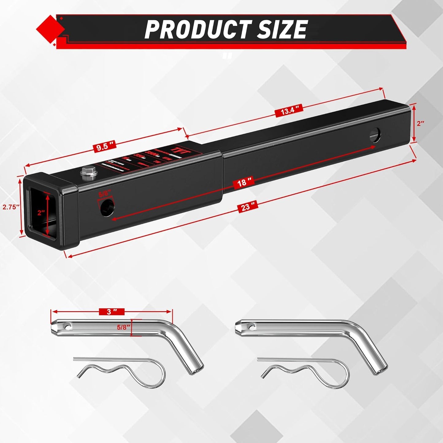 TYT 18" Trailer Hitch Extension, Fits 2 inch Receiver Tube,with 5/8" Advanced Hitch Pin 2-Pack, 3500 lbs GTW / 350 lbs TW