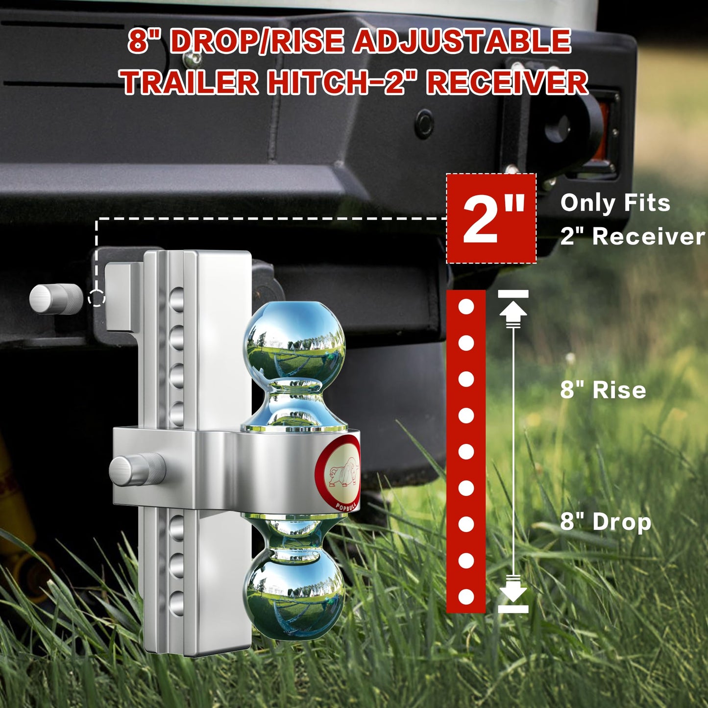 Adjustable Trailer Hitch, Fits 2-Inch Receiver,  Heavy Duty Aluminum Drop Hitch,12,500 LBS GTW-Tow Hitch for Truck Jeep Trailer with Double Stainless Steel Locks, Not Loose