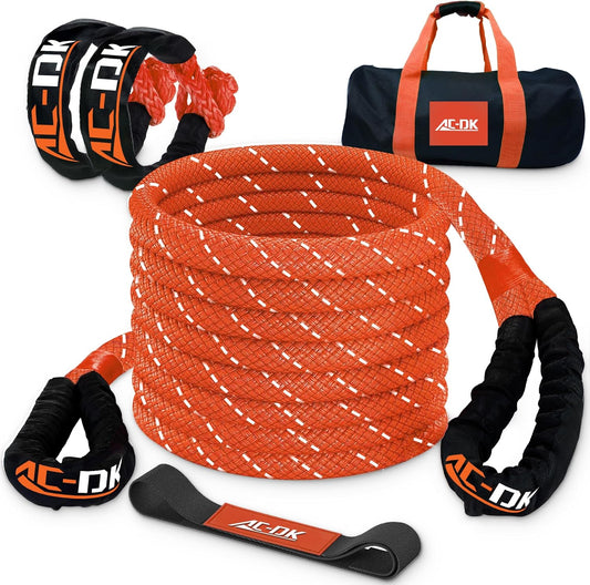 AC-DK Kinetic Recovery Rope (1in x 30ft ‎Orange) 48000lbs Snatch Strap,Heavy Duty Stretch Nylon Towing Ropes with 2pcs Soft Shackles for Offroad Vehicle,Jeep,SUV,ATV,UTV,Tractor Elastic Ropes Kit