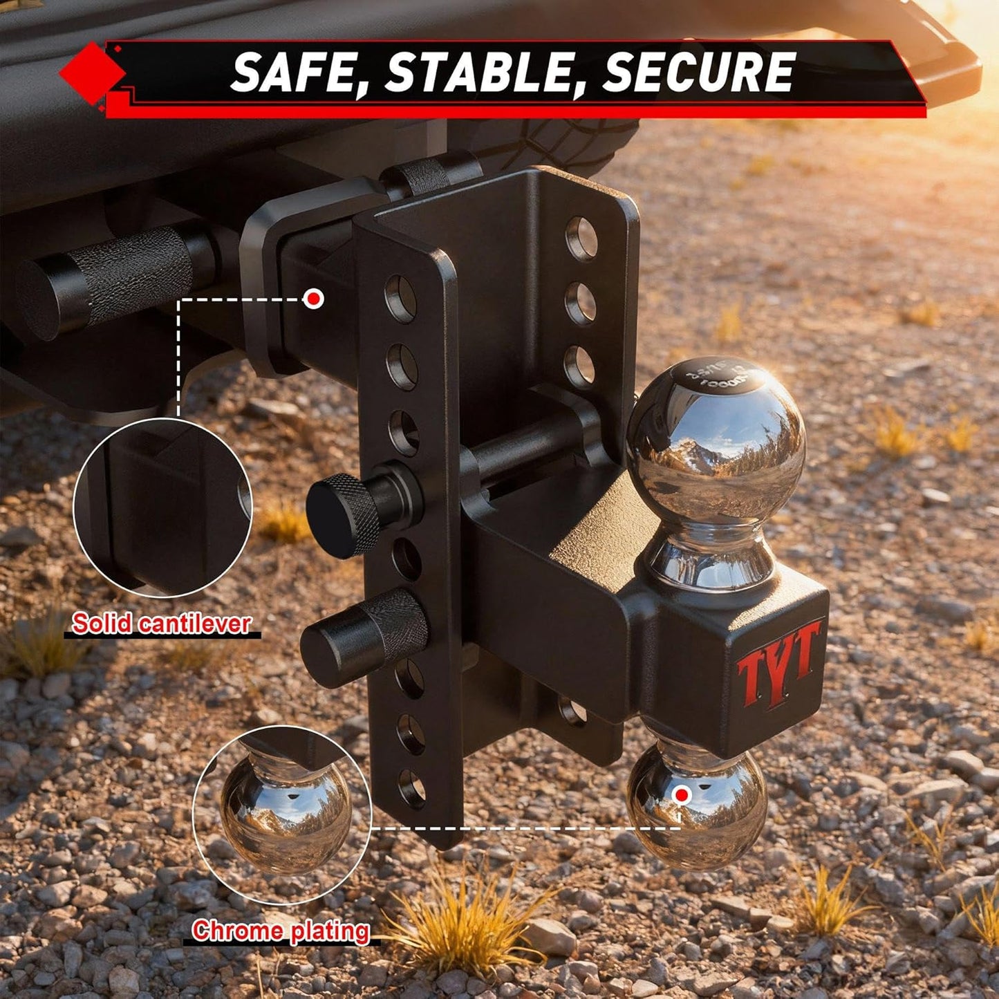 TYT Adjustable Truck Trailer Hitch for 2 inch Receiver, 6" Drop/Rise Tow Hitch with Dual Balls (2" & 2-5/16"), 22,000 lbs GTW, 2,200 lbs TW, Includes Two Pin Locks & Hitch Tightener