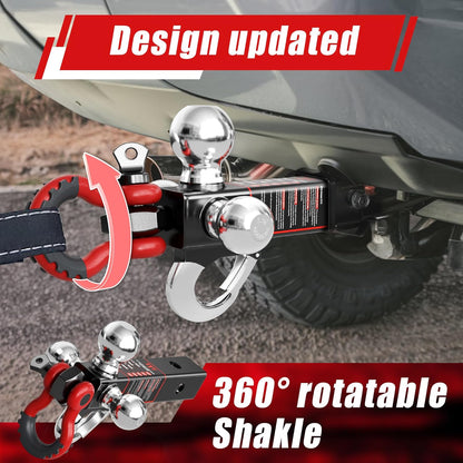 TYT Tri Ball Hitch Trailer Mount With Locks, Tow Hook & Clevis Shackle, Fits 2 Inch Receiver With 2-5/16", 2", 1-7/8" Ball, Black