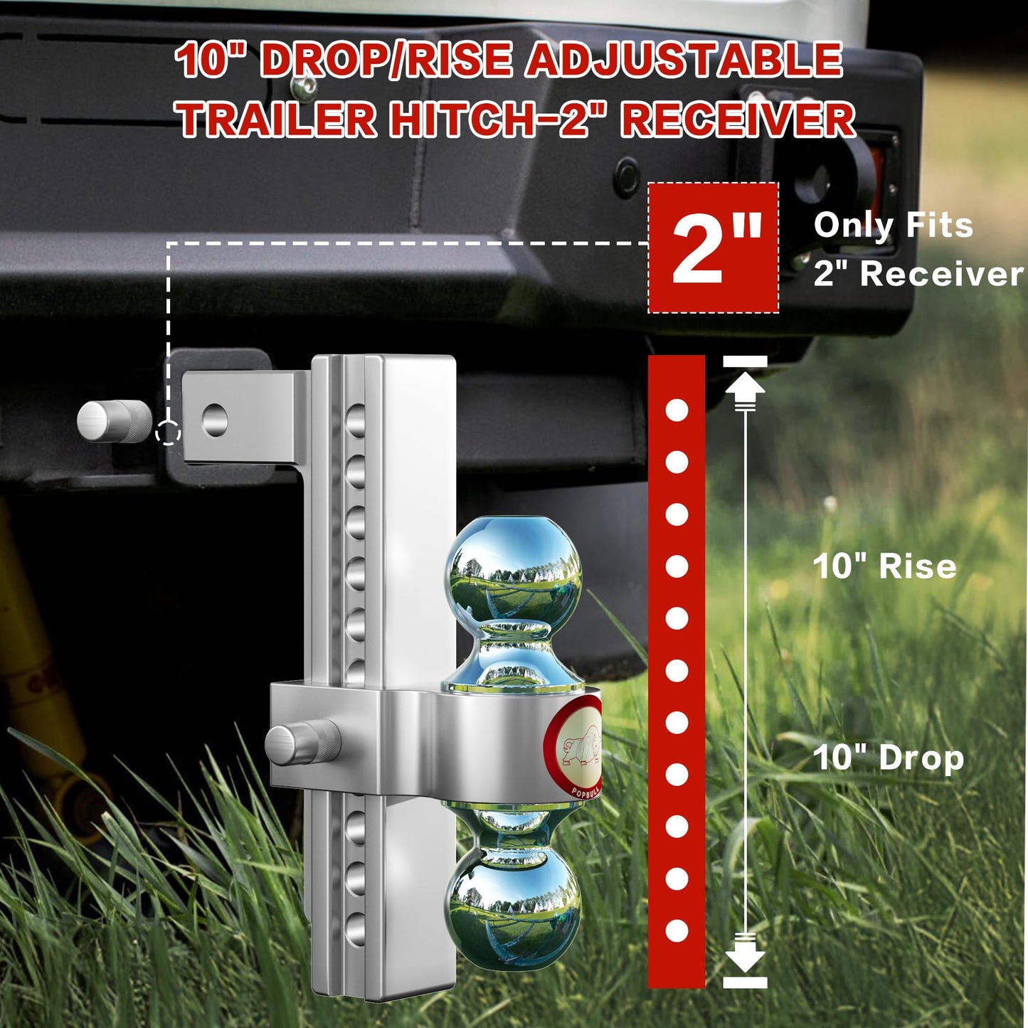 Adjustable Trailer Hitch, Fits 2-Inch Receiver,  Heavy Duty Aluminum Drop Hitch,12,500 LBS GTW-Tow Hitch for Truck Jeep Trailer with Double Stainless Steel Locks, Not Loose