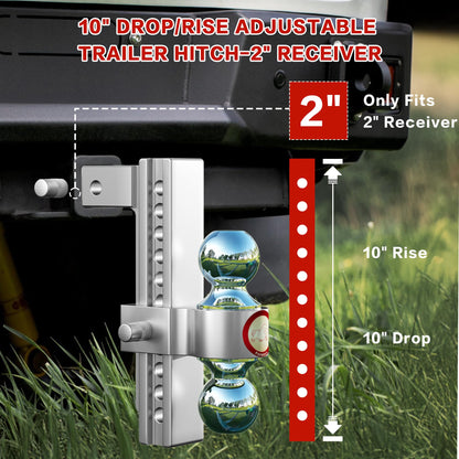 Adjustable Trailer Hitch, Fits 2-Inch Receiver,  Heavy Duty Aluminum Drop Hitch,12,500 LBS GTW-Tow Hitch for Truck Jeep Trailer with Double Stainless Steel Locks, Not Loose