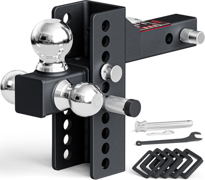 TYT Adjustable Heavy-Duty Trailer Hitch Tri-Ball Mount with Locks&Pin&Rotatable Tow Shackle, Fits 2-in Receiver, 4-1/2" Rise/Drop, 1-7/8" & 2" &2-5/16" Ball, 10000LBS GTW