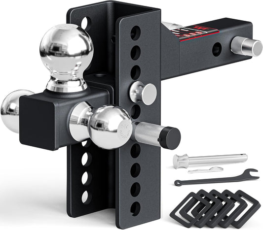 TYT Adjustable Heavy-Duty Trailer Hitch Tri-Ball Mount with Locks&Pin&Rotatable Tow Shackle, Fits 2-in Receiver, 4-1/2" Rise/Drop, 1-7/8" & 2" &2-5/16" Ball, 10000LBS GTW