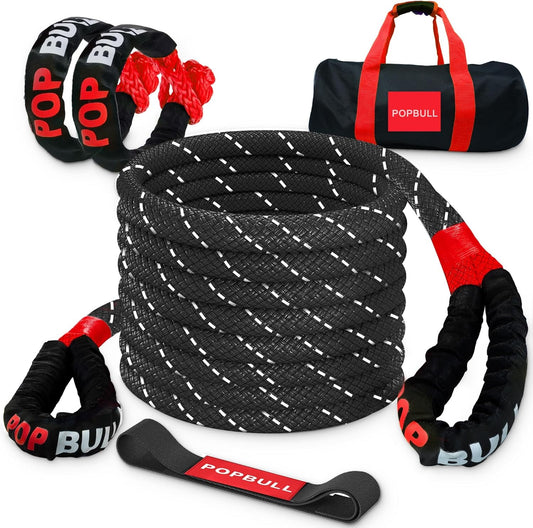 Kinetic Recovery Rope,(1in x 30ft Green) 48000lbs Snatch Strap, Heavy Duty Stretch Nylon Towing Ropes with 2pcs Soft Shackles for Offroad Vehicle, Jeep, SUV, ATV, Tractor Elastic Ropes Kit