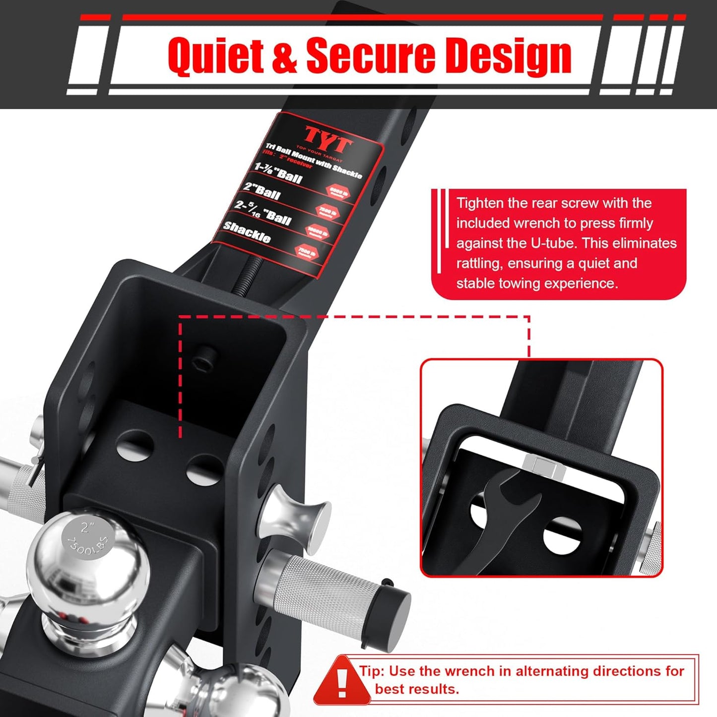 TYT Adjustable Heavy-Duty Trailer Hitch Tri-Ball Mount with Locks&Pin&Rotatable Tow Shackle, Fits 2-in Receiver, 4-1/2" Rise/Drop, 1-7/8" & 2" &2-5/16" Ball, 10000LBS GTW