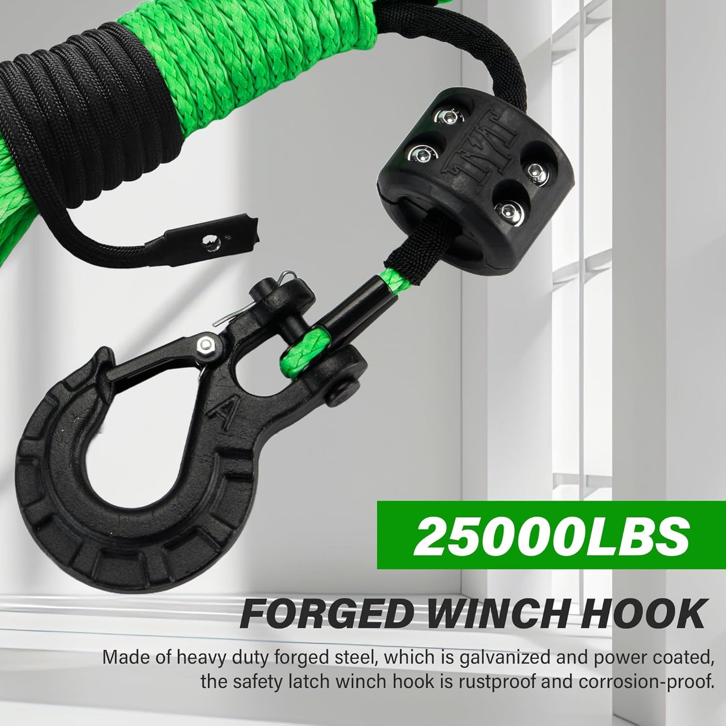 TYT Off-Road Winch Rope Kit - 3/16''x50', 8500 Lbs Green Synthetic Cable with Protective Sheath, Heavy-Duty Hook, Safety Pull Strap & Rubber Stopper Ideal for 4WD ATV UTV Vehicles, (JPS31650G)