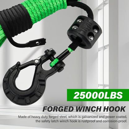 TYT Off-Road Winch Rope Kit - 3/16''x50', 8500 Lbs Green Synthetic Cable with Protective Sheath, Heavy-Duty Hook, Safety Pull Strap & Rubber Stopper Ideal for 4WD ATV UTV Vehicles, (JPS31650G)