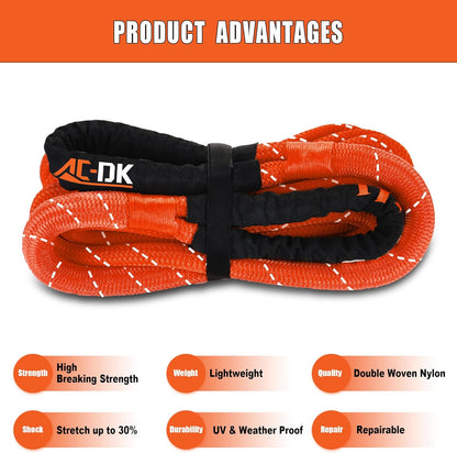 AC-DK Kinetic Recovery Rope (1in x 30ft ‎Orange) 48000lbs Snatch Strap,Heavy Duty Stretch Nylon Towing Ropes with 2pcs Soft Shackles for Offroad Vehicle,Jeep,SUV,ATV,UTV,Tractor Elastic Ropes Kit