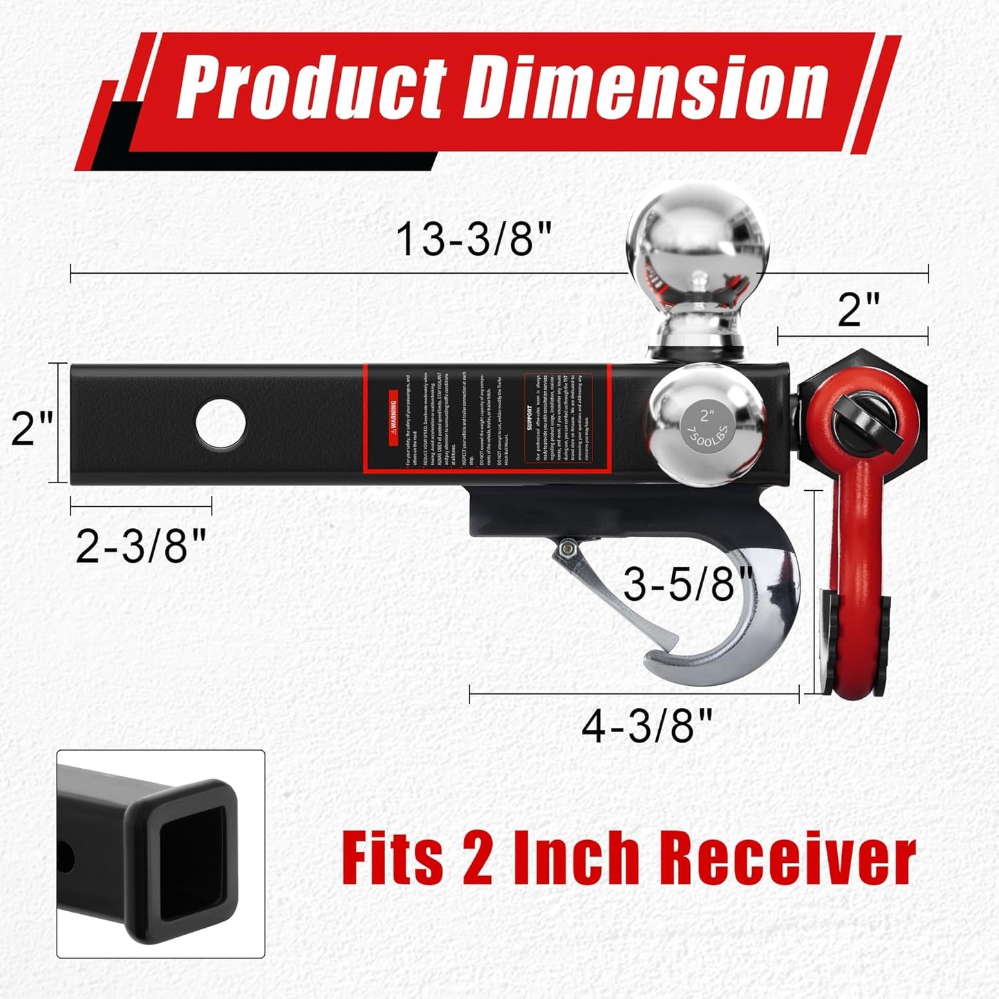 TYT Tri Ball Hitch Trailer Mount With Locks, Tow Hook & Clevis Shackle, Fits 2 Inch Receiver With 2-5/16", 2", 1-7/8" Ball, Black