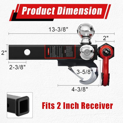TYT Tri Ball Hitch Trailer Mount With Locks, Tow Hook & Clevis Shackle, Fits 2 Inch Receiver With 2-5/16", 2", 1-7/8" Ball, Black