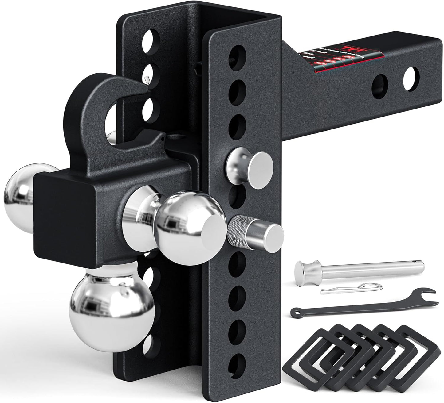 TYT Adjustable Trailer Hitch Ball Mount, Tri-Ball (1-7/8'' X 2'' X 2-5/16''), Fits 2'' Receiver