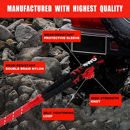 TYT Kinetic Recovery Rope,(1in x 30ft Red) 48000lbs Snatch Strap, Heavy Duty Stretch Nylon Towing Ropes with 2pcs Soft Shackles for Offroad Vehicle, Jeep, SUV, ATV, UTV, Tractor Elastic Ropes Kit