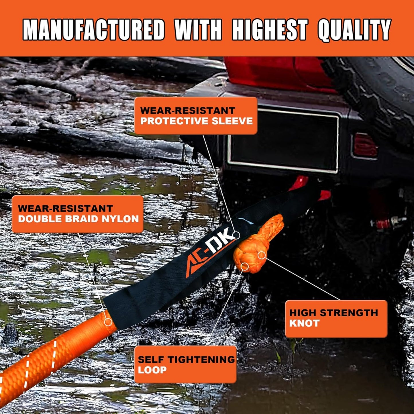AC-DK Kinetic Recovery Rope (1in x 30ft ‎Orange) 48000lbs Snatch Strap,Heavy Duty Stretch Nylon Towing Ropes with 2pcs Soft Shackles for Offroad Vehicle,Jeep,SUV,ATV,UTV,Tractor Elastic Ropes Kit