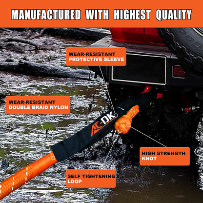 AC-DK Kinetic Recovery Rope (1in x 30ft ‎Orange) 48000lbs Snatch Strap,Heavy Duty Stretch Nylon Towing Ropes with 2pcs Soft Shackles for Offroad Vehicle,Jeep,SUV,ATV,UTV,Tractor Elastic Ropes Kit