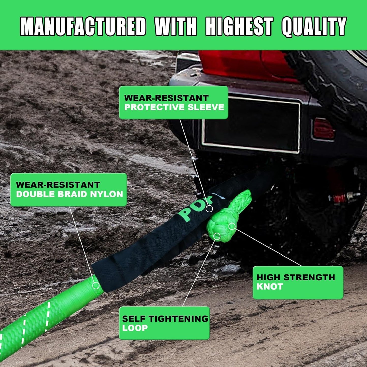 Kinetic Recovery Rope, Snatch Strap, Heavy Duty Stretch Nylon Towing Ropes with 2pcs Soft Shackles for Offroad Vehicle, Jeep, SUV, ATV, Tractor Elastic Ropes Kit