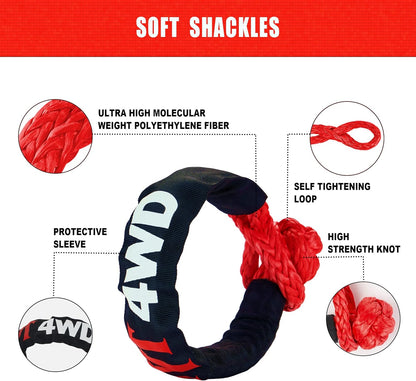 TYT Kinetic Recovery Rope,(1in x 30ft Red) 48000lbs Snatch Strap, Heavy Duty Stretch Nylon Towing Ropes with 2pcs Soft Shackles for Offroad Vehicle, Jeep, SUV, ATV, UTV, Tractor Elastic Ropes Kit