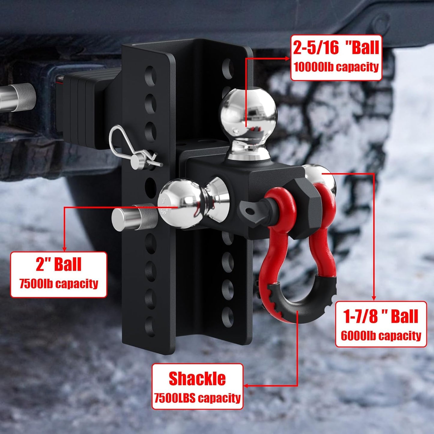 TYT Adjustable Heavy-Duty Trailer Hitch Tri-Ball Mount with Locks&Pin&Rotatable Tow Shackle, Fits 2-in Receiver, 4-1/2" Rise/Drop, 1-7/8" & 2" &2-5/16" Ball, 10000LBS GTW