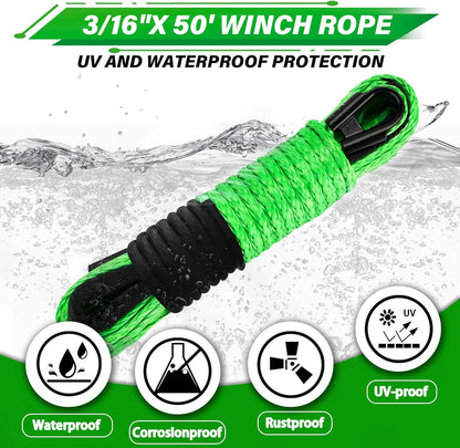 TYT Off-Road Winch Rope Kit - 3/16''x50', 8500 Lbs Green Synthetic Cable with Protective Sheath, Heavy-Duty Hook, Safety Pull Strap & Rubber Stopper Ideal for 4WD ATV UTV Vehicles, (JPS31650G)
