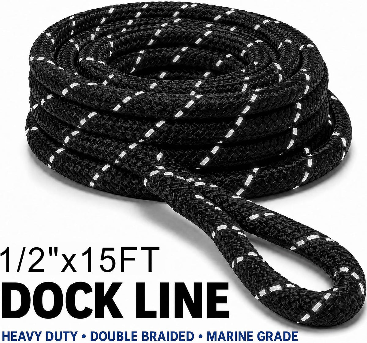 Boat Dock Lines 1/2" x 15' - Double Braided Nylon Boat Ropes for Docking with 12" Loop,Marine-Grade High Strength Boat Lines Dock Rope,Premium Marine Rope Mooring Lines,Easy Handling - 4 Pack