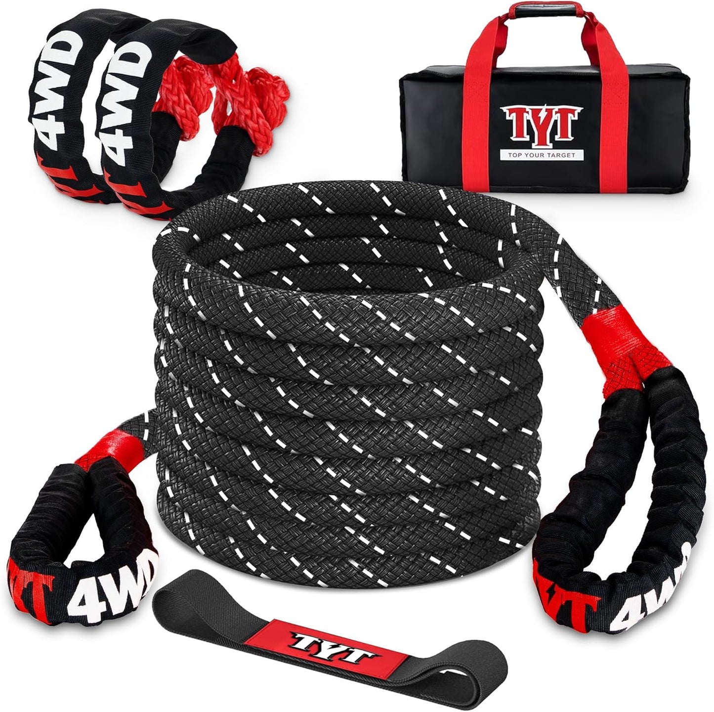 TYT Kinetic Recovery Rope,(1in x 30ft Red) 48000lbs Snatch Strap, Heavy Duty Stretch Nylon Towing Ropes with 2pcs Soft Shackles for Offroad Vehicle, Jeep, SUV, ATV, UTV, Tractor Elastic Ropes Kit