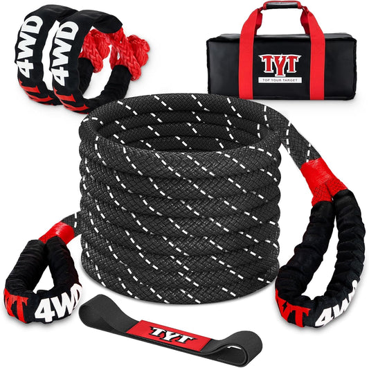 TYT Kinetic Recovery Rope,(1in x 30ft Red) 48000lbs Snatch Strap, Heavy Duty Stretch Nylon Towing Ropes with 2pcs Soft Shackles for Offroad Vehicle, Jeep, SUV, ATV, UTV, Tractor Elastic Ropes Kit