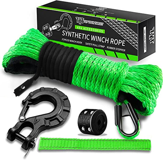 TYT Off-Road Winch Rope Kit - 3/16''x50', 8500 Lbs Green Synthetic Cable with Protective Sheath, Heavy-Duty Hook, Safety Pull Strap & Rubber Stopper Ideal for 4WD ATV UTV Vehicles, (JPS31650G)