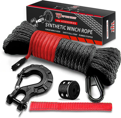 TYT Off-Road Winch Rope Kit - 3/16''x50', 8500 Lbs Green Synthetic Cable with Protective Sheath, Heavy-Duty Hook, Safety Pull Strap & Rubber Stopper Ideal for 4WD ATV UTV Vehicles, (JPS31650G)