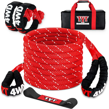 TYT Kinetic Recovery Rope,(1in x 30ft Red) 48000lbs Snatch Strap, Heavy Duty Stretch Nylon Towing Ropes with 2pcs Soft Shackles for Offroad Vehicle, Jeep, SUV, ATV, UTV, Tractor Elastic Ropes Kit