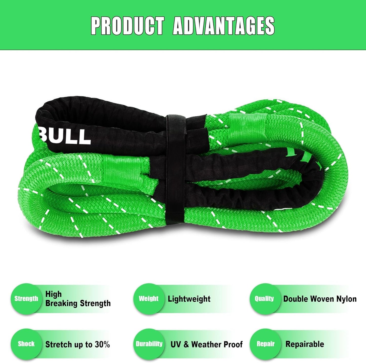 Kinetic Recovery Rope, Snatch Strap, Heavy Duty Stretch Nylon Towing Ropes with 2pcs Soft Shackles for Offroad Vehicle, Jeep, SUV, ATV, Tractor Elastic Ropes Kit