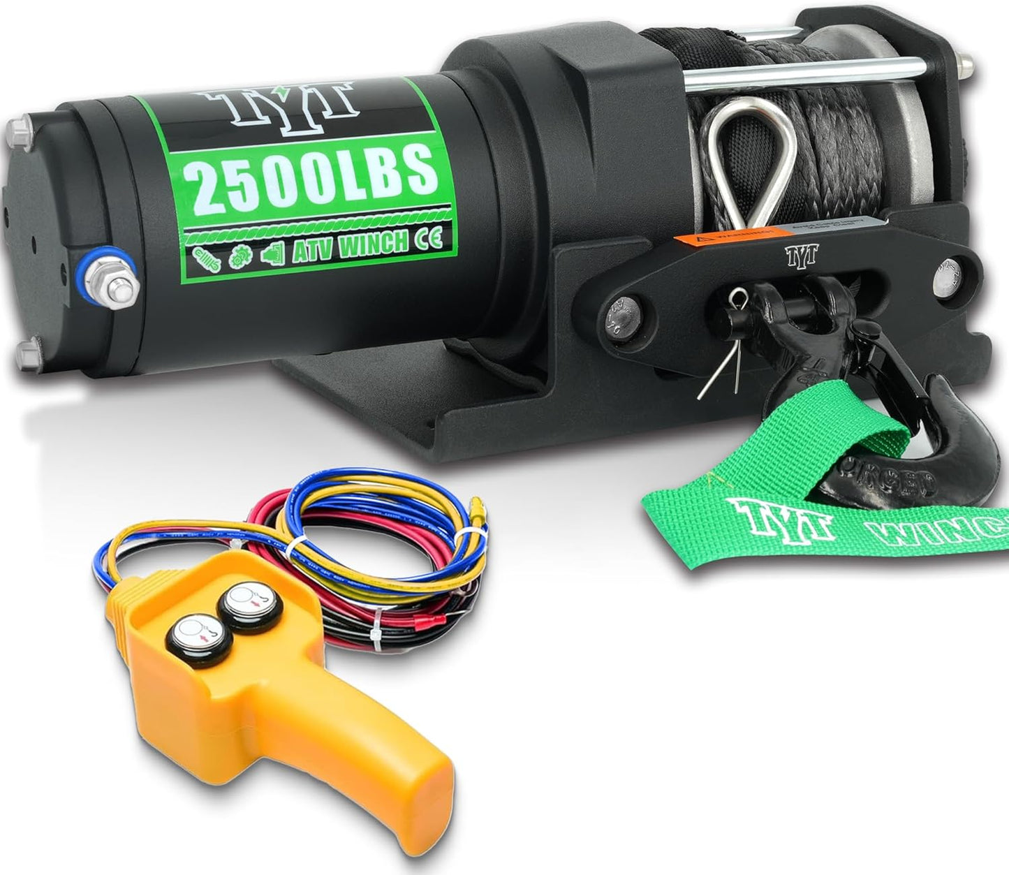 TYT (2500lb|3000lb|3500lb|6500lb) ATV Winch, 12V DC Electric Winch with Wireless Remote and Wired Switch, 1/5"x 32FT Synthetic Winch Rope with Fairlead and Winch Mounting Plate