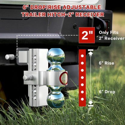 Adjustable Trailer Hitch, Fits 2-Inch Receiver,  Heavy Duty Aluminum Drop Hitch,12,500 LBS GTW-Tow Hitch for Truck Jeep Trailer with Double Stainless Steel Locks, Not Loose
